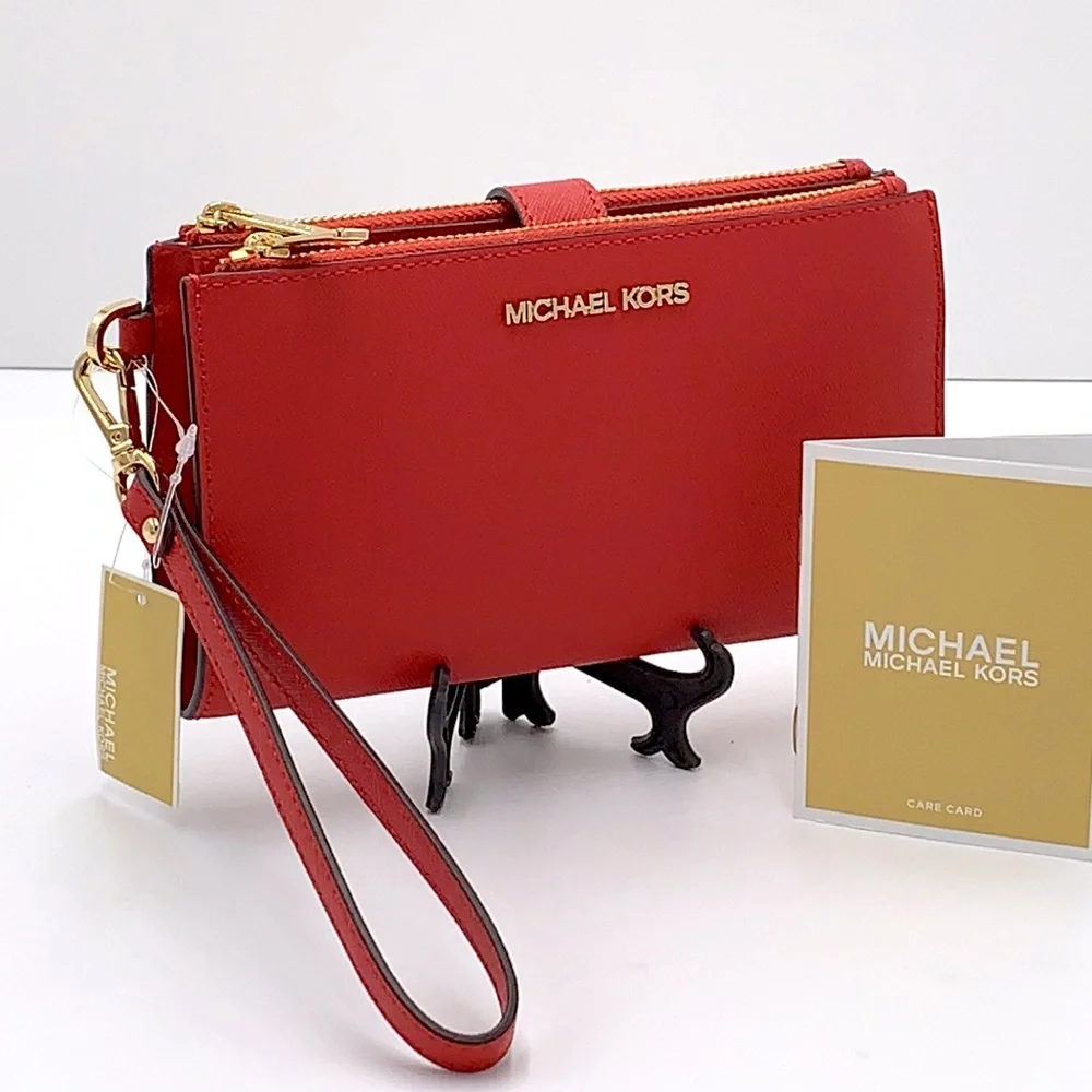 MICHAEL KORS LARGE DOUBLE ZIP WRISTLET WALLET FLAME COLOR
